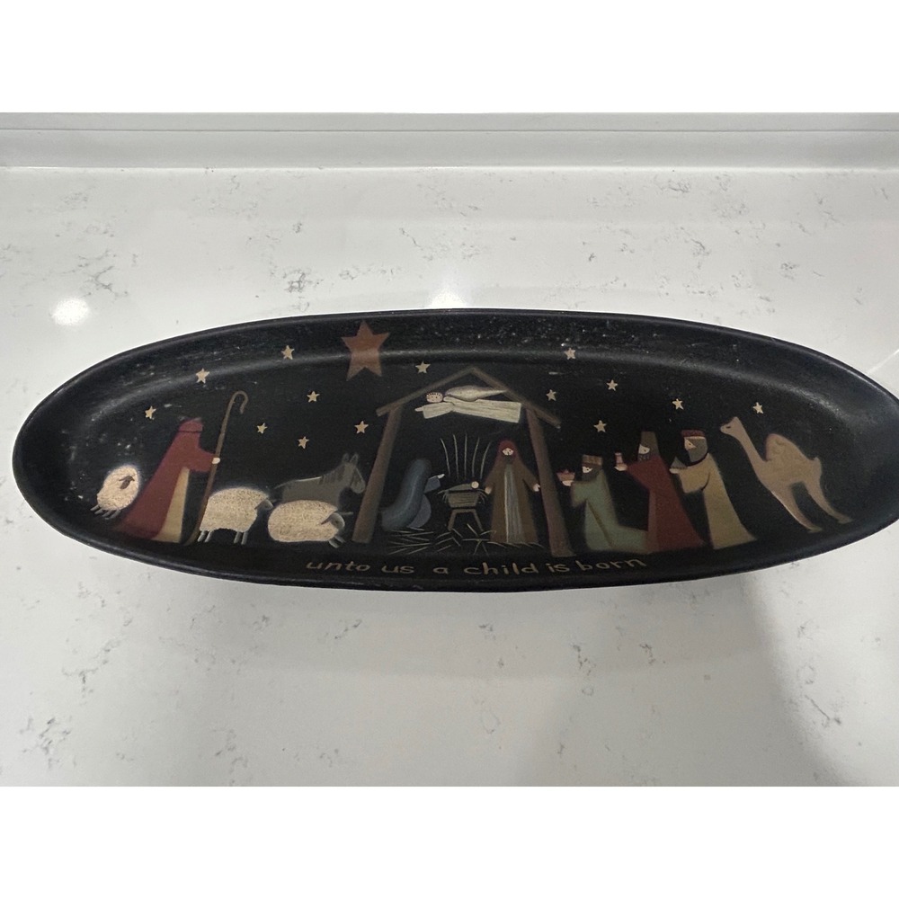 Donna White Nativity Scene Oval Tray‎ Unto Us A Child Is Born Black Christmas
